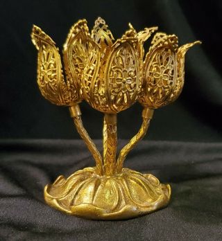 Vintage Mcm Globe 24 Kt Gold Plated Ornate Ormolu 4 Tulip Vanity Lipstick Holder
