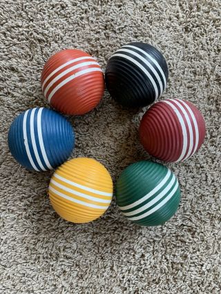 Vintage Set Of 6 Wood Wooden Ribbed Croquet Balls With 3 Stripes 3 - 1/4 "