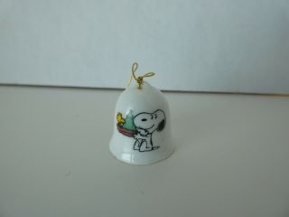 Vintage Peanuts Snoopy & Woodstock Miniature Ceramic Christmas Bell Ornament 1 "