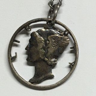 Vintage Mercury Dime Coin Cut Out Pendant Necklace 18 " Chain