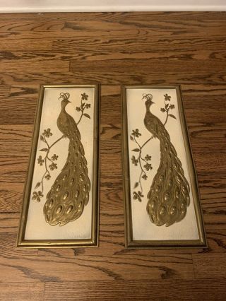 Vtg 2 Mid Century Modern Metal Peacock Wall Hangings Pictures Gold 22x9