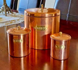 Vintage Copper Canisters Set With Brass Labels