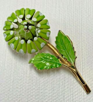 Vintage Enamel Flower Brooch Pin Green Polka Dot Gold Costume