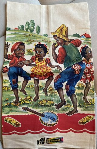 Vintage Black Americana Kitchen Linen Towel,  Children Dancing,  Old Stock