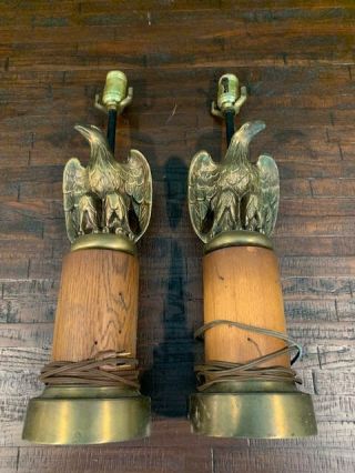 (2) Vintage Wooden And Cast Brass Liberty Eagle Table Lamps 20 "