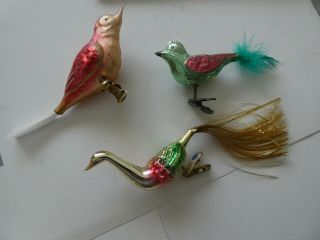 3 Vintage Glass Clip - On Bird Christmas Ornaments Asst.  Tails Germany
