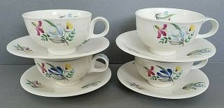 Vtg Hallcraft Hall China Bouquet 1881 Eva Zeisel (4) Footed Cups & Saucers Exc