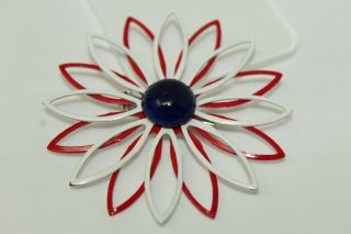 Vintage 2.  5 " Red White & Blue Enamel Metal Flower Brooch Pin V1