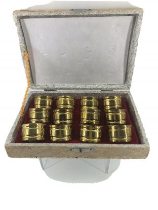 Vintage Set Of 12 Solid Brass Boxed Napkin Rings