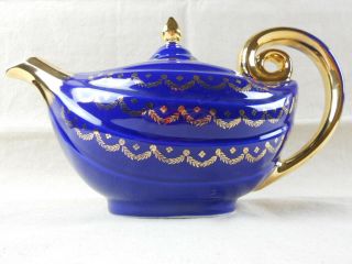 Vintage Hall China Marine Blue With Gold Swag - Aladdin Teapot - Made In Usa