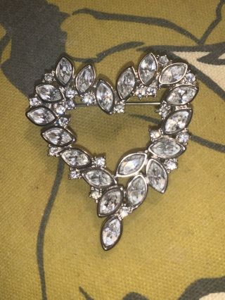 Vintage Signed Monet Heart Brooch Pin Silver Tone Crystal Clear Rhinestone