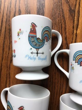 Set Of 4 Vintage Berggren Rainbow Rooster Pedestal Coffee Mug Cup “Help Thyself” 2