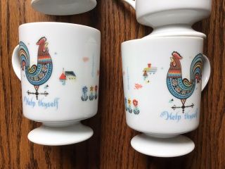 Set Of 4 Vintage Berggren Rainbow Rooster Pedestal Coffee Mug Cup “Help Thyself” 3