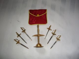 Miniature Vintage Toledo Spain Cocktail Tooth Picks Brass Metal Swords Holder
