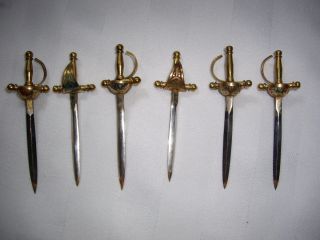 Miniature Vintage Toledo Spain Cocktail Tooth Picks Brass Metal Swords Holder 2