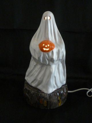 Vintage 1978 Ceramic Light Up Ghost Holding Jack - O - Lantern By Duncan Enterp.