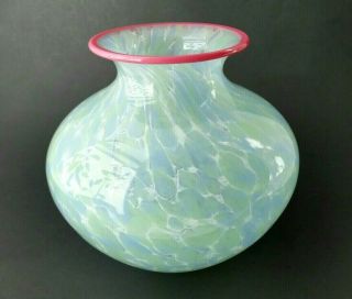 Blue Green Pink Confetti Vintage Hand Blown Vase Art Heavy Glass 6 "