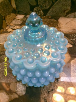Vintage Opalescent & Clear Blue Fenton? Hobnail Glass Powder Box Candy Dish - Lid