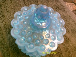 Vintage Opalescent & Clear Blue Fenton? Hobnail Glass Powder Box Candy Dish - Lid 2