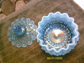 Vintage Opalescent & Clear Blue Fenton? Hobnail Glass Powder Box Candy Dish - Lid 3
