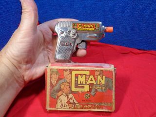 Vintage Tin Litho Wind Up G Man Gun & Box