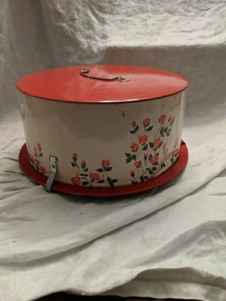 Vintage Decoware Red Roses Mid Century Metal Cake Carrier Saver Usa