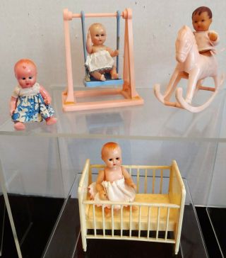 Vintage Hard Plastic Dollhouse Nursery Items & Babies W Sleep Eyes