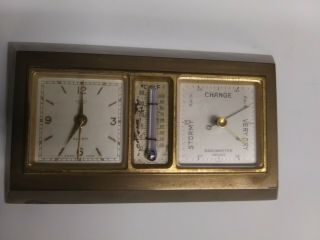 Vintage Swiss Brass Desk Clock With Barometer