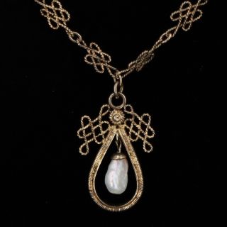 Vtg Sterling Silver - Baroque Pearl Teardrop 18 " Braided Link Necklace - 4.  5g