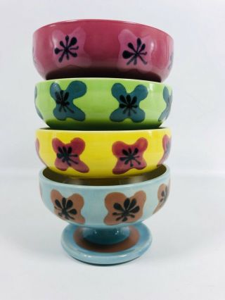 Vintage Footed Pedestal Ice Cream Bowls W/flower Design,  Mcm,  Set Of 4