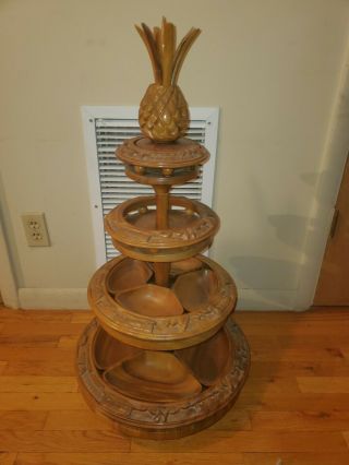 Vintage 4 Tier Tiki Hand Carved Pineapple Lazy Susan Serving Tray