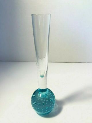 Vintage Hand Blown Art Glass Aqua Blue Controlled Bubble Bud Vase/Paperweight 2