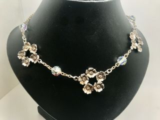 Vintage Art Nouveau Ab Crystal Sterling Silver Flower Necklace