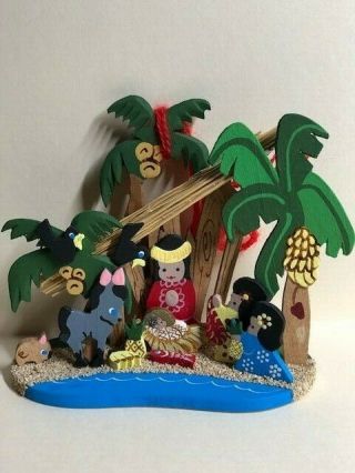 Darling Vintage Emgee Wooden Christmas Ornament Hawaii Nativity Manger Scene