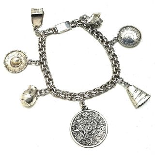 Vintage Mexican Signed Sterling Silver Charm Bracelet Mayan Calendar Sombrero