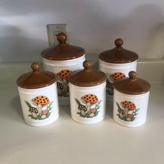 Vintage 1982 Sears Roebuck And Co.  " Merry Mushroom " Ceramic Canister Set Of 5