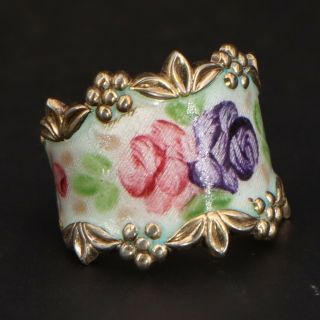 Vtg Sterling Silver Guilloche Enamel Rose Flower Gold Ring Size 6 - 7.  5g