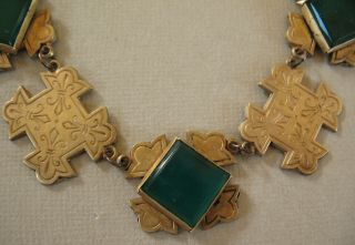 Vintage Art Deco Etched Brass And Deep Green Glass Choker Necklace