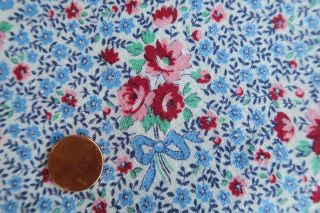One Vintage Feedsack Tiny Blue Pink Flowers W/ Tiny Blue Bows 37x44 Pristine