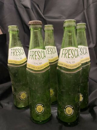 5 Vintage Fresca Soda Bottle,  Green,  White Lettering,  10 Oz.  1 W/ Cap Coca - Cola