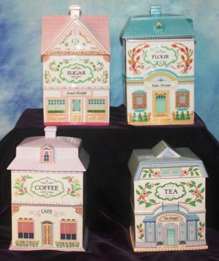 Vintage Lenox Spice Village Porcelain 4 Pc Canister Set Flour/sugar/coffee/tea