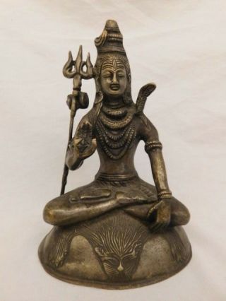 Vintage Brass Bronze Shiva Sculpture Trident Cobra Snake Seated Staff Tripl Fork