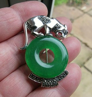 Vintage Jewellery 925 Sterling Silver Marcasite Jade Panther Big Cat Brooch Pin