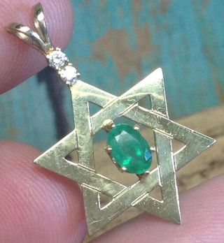 Vintage 14k Solid Yellow Gold Emerald & Diamond Star Of David Pendant (e21)