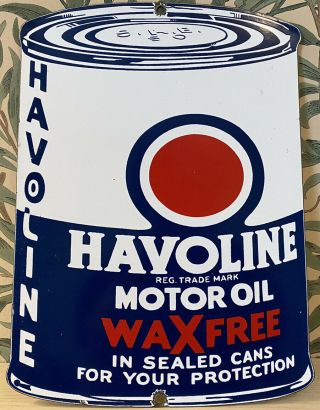 Vintage Havoline Motor Oil Porcelain Dealership Sign Service Station Gas Waxfree