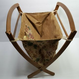 Vintage Sewing Knitting Basket Folding Tote Wood Fabric Curved Floral 1950 