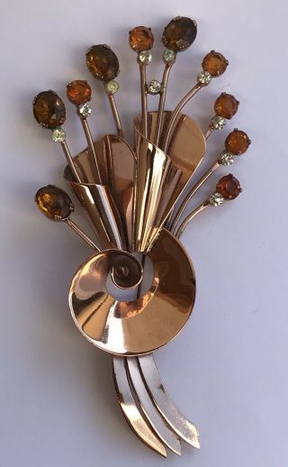 Vintage Coro Craft Brooch Pin Sterling Silver Vermeil Crystal Flowers Bouquet