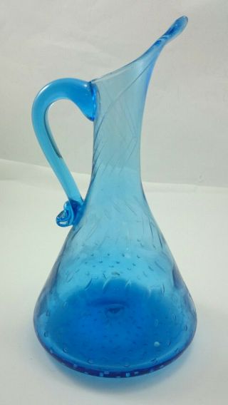Vintage Mid Century Modern Blue Art Glass Pitcher Bubble Ewer Cut Deco Sapphire