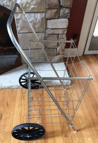 Vintage Grocery Store Shopping Cart Rolling Basket Metal Holder
