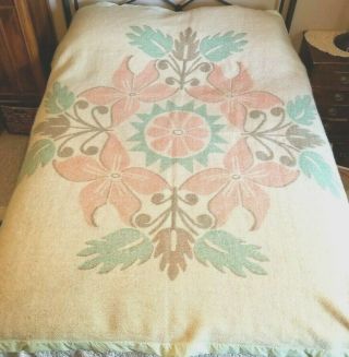 Vintage Wool Blanket Throw W/ Satin Binding 74 " X70 " Tan,  Peach & Colors